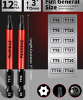 Front view of 12-piece impact security Torx bit set with red 3-inch S2 steel bits and 1/4" hex shank (TT5–TT40).