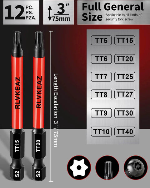 Front view of 12-piece impact security Torx bit set with red 3-inch S2 steel bits and 1/4" hex shank (TT5–TT40).