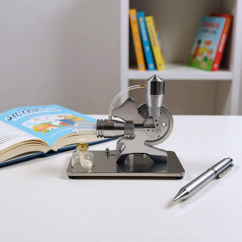 Hot Air Stirling Engine Educational Toy Kit With Multicolor LED Lights And DIY Electricity Generator Unique L Shape Engine Design Hands On Science Kit For Curious Minds And Kids, metal desk view