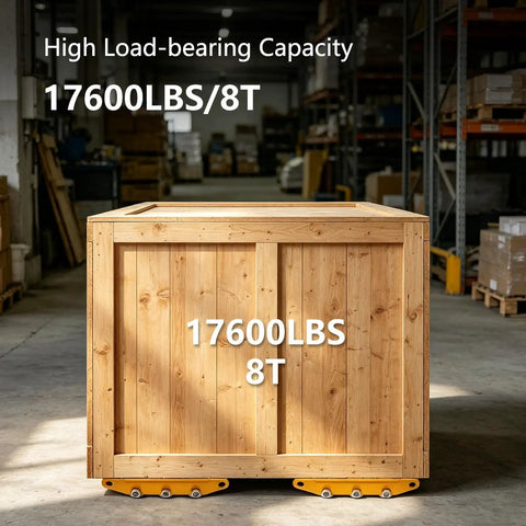 Heavy Duty Machinery Moving Skates With 17600 Lb Load Rating supporting a wooden crate on smooth alloy wheels in a warehouse.