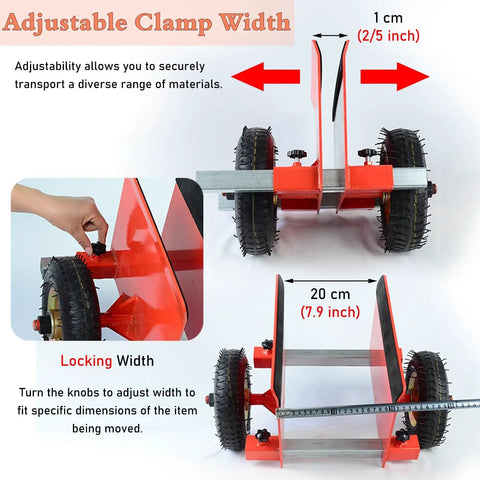 Adjustable clamp width on Heavy Duty Panel Dolly With Auto Lock Clamps For Hassle Free Drywall Sheetrock Door And Mattress Hauling.