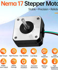 Front view of NEMA 17 stepper motor with silver faceplate and black housing, 4-lead cable.