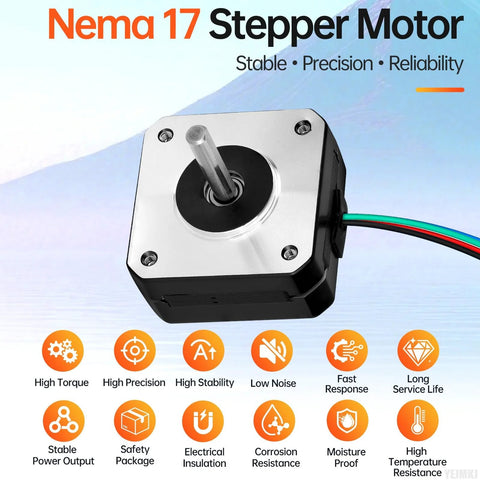 Front view of NEMA 17 stepper motor with silver faceplate and black housing, 4-lead cable.