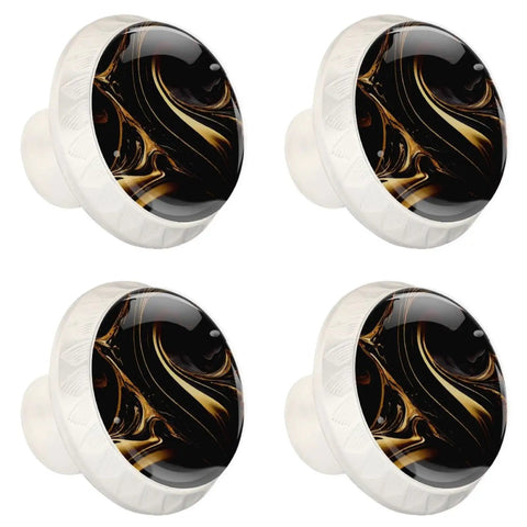 Slick Abstract Marble Fluid Art White Glass Drawer Knobs Set In Black Gold Finish 4 Pack For Dresser Cabinet Cupboard