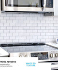 Premium Peel And Stick Tile Backsplash Kit, 12 By 12 Inch Tiles, 10 Pack For Kitchen Walls, Bright White Finish behind stove