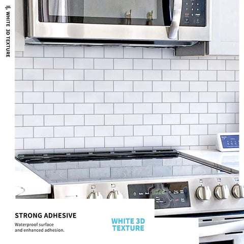 Premium Peel And Stick Tile Backsplash Kit, 12 By 12 Inch Tiles, 10 Pack For Kitchen Walls, Bright White Finish behind stove