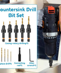 Slick 5-Piece Adjustable Countersink Drill Bit Set with Magnetic Extension Holder for sizes 4 to 12 in use with a power drill.