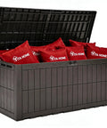 Extra Large 240 Gallon Outdoor Deck Box With Locking Lid Waterproof Resin Storage Bench Seating Built To Last For Patio Cushions Garden Tools And Pool Accessories Dark Brown shown with lid open and cushions inside