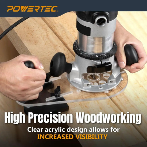 Universal Offset Router Base Plate With Reversible Edge Routing Fence And Pre Drilled Alignment Marks for precise woodworking setup.