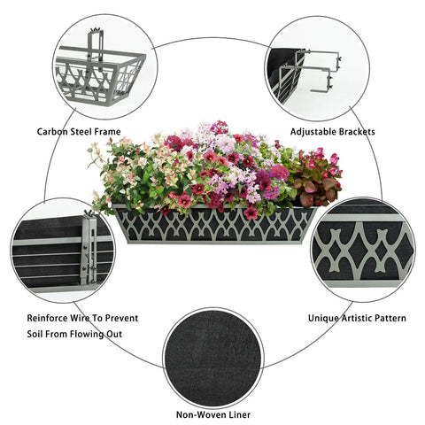 2 Pack 24 Inch Window Planter Boxes With Adjustable Brackets And Nonwoven Fabric Grow Bags For Deck Railing Balcony Hanging
