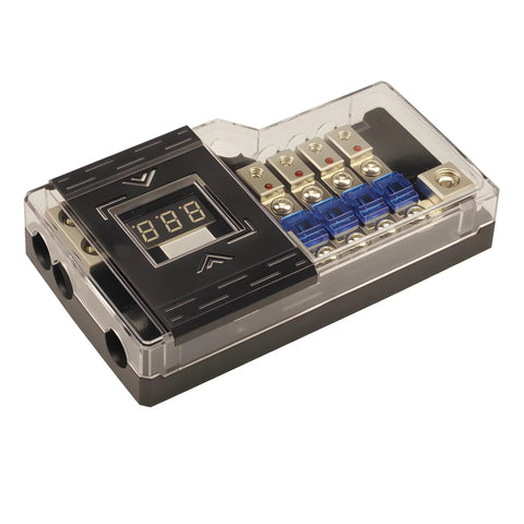4 Way Mini ANL Fused Car Audio Power Distribution Block With Ground Block Each Block Accepts 0, 2, Or 4 Gauge In And 4 Or 8 Gauge Out with LED display