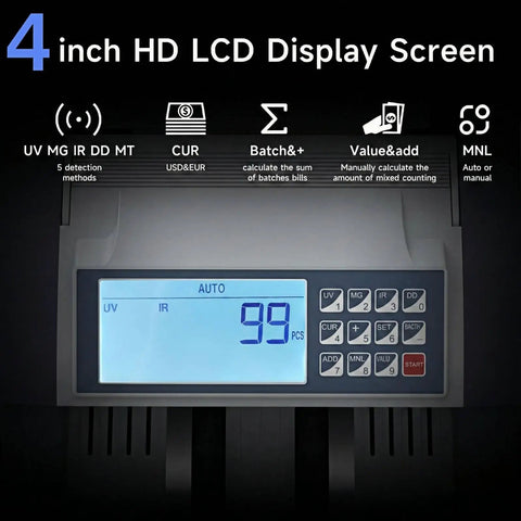 LCD display of Dual Motor Cash Counter 2.0 With 5 Layer Counterfeit Detection UV MG IR DD MT Counts 1000 Bills Per Minute Batch Add Modes