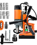 High Octane Magnetic Drill Press With Variable Speed 1400W Heavy Hitter for Rigid Metals, featuring six cutting bits and accessories.