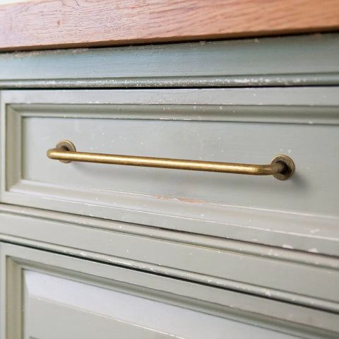 Six Pack Dope Antique Brass Cabinet Handles Set, 7.56 Inch Center To Center Drawer Pulls on green cupboard