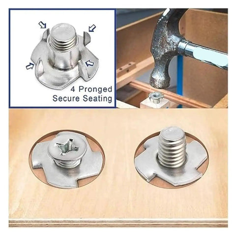 Heavy Duty Zinc Plated Four Claw T Nuts For Wood And Furniture Insert Blind Prong Fasteners For Secure DIY Speaker Mounts Carbon Steel M3 Size 10 Pcs Pack