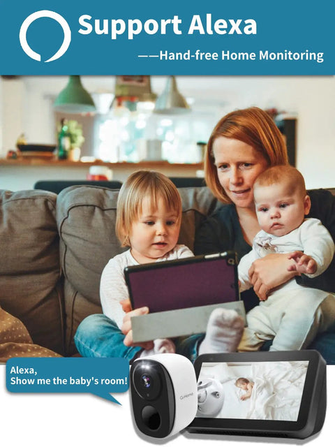 Family using tablet with Killer Wireless Outdoor Security Camera System 2K Battery Powered Spotlight and Alexa integration.