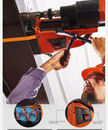 Close-up of Heavy Duty 1500W Magnetic Drill Press with safety features, strong magnetic suction and alarm functions visible.