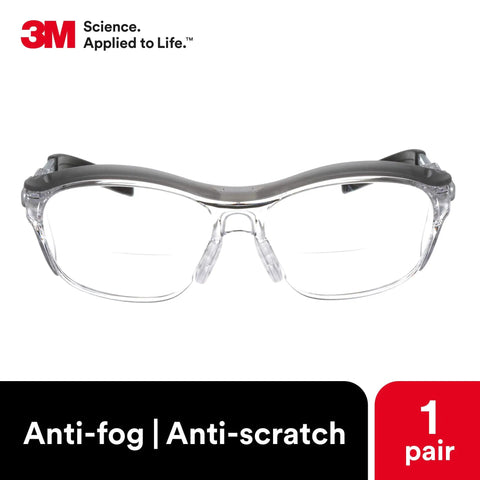 Safety Glasses With Built In Readers Plus 2.0 Diopter For Reading And Eye Protection ANSI Z87 Clear Lens Gray Frame Front View
