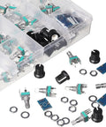 60 Pcs 9mm Onboard PCB Potentiometer Assortment Kit with 10 values, vertical leg terminals, knobs, washers, for prototyping.