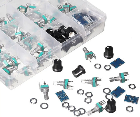 60 Pcs 9mm Onboard PCB Potentiometer Assortment Kit with 10 values, vertical leg terminals, knobs, washers, for prototyping.