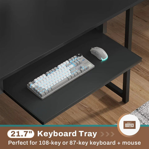 L Shaped Gaming Desk With Power Outlet LED Lights Pegboard Keyboard Tray Storage Bag Headphone Hook CPU Stand Reversible Corner Desk For Home Office Holds 3 Monitors Black, showing keyboard tray with keyboard and mouse.