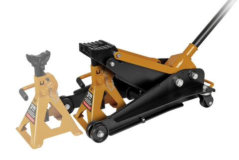 Heavy Duty 2 Ton Floor Jack Paired With 3 Ton Jack Stand Featuring U Shape Slotted Saddle For Quick Shop Lifts Rock Solid Ride Support And Smooth Car Repairs Handled Like A Boss Under Any Vehicle