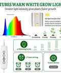 Diagram of Seed Starter Kit With Grow Light Heat Mat 7 Inch Humidity Dome showing 2 tubes, LED spectrum, and timer settings.