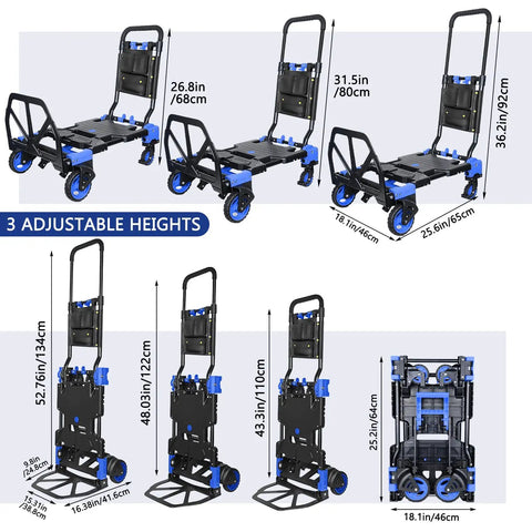 2 In 1 Folding Hand Truck With Four Foldable Wheels And Retractable Handle Heavy Duty Moving Dolly Cart, adjustable heights, blue