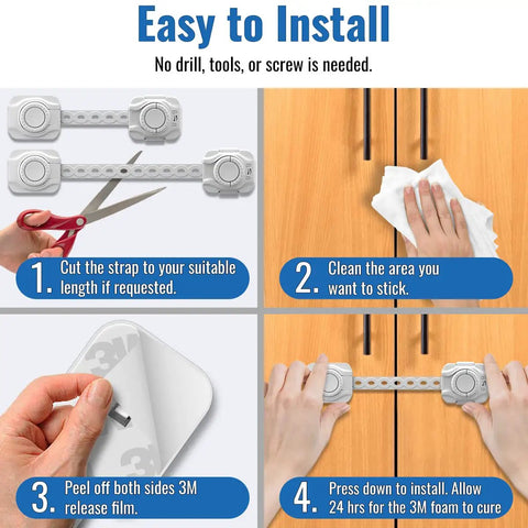 4 Pack Child Safety Locks For Cabinets, Drawers, Fridge And Toilet Latches With Easy No Drill Installation Instructions