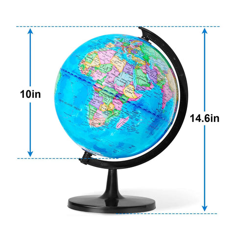 10 Inch Kids Globe For Learning with durable black base and 360 degree rotation, educational toy showing continents and oceans.