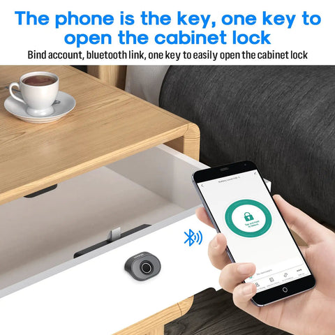 Person using phone to connect with Bluetooth Fingerprint Cabinet Lock With Smart Biometric Keyless Access for File Drawers and Wardrobes.