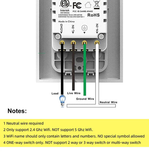 Rear view diagram of Three Gang In Wall Smart Light Switch Kit With 2.4Ghz WiFi, Touch LED Backlit Panel, showing wire connections.