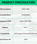 Product specifications of 30 Series Torque Converter Driver Clutch Kit for Go Karts and Mini Bikes.