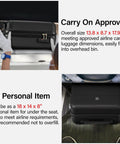 16 Inch Underseat Carry On Luggage With Wheels Hard Shell Mini Suitcase For Airline Travel TSA Approved Lightweight Black Durable Spinner Wheels Carry On Bag That Fits Overhead Or Under Seat This Go To Travel Companion displayed with airline size dimensions.