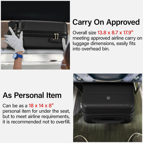 16 Inch Underseat Carry On Luggage With Wheels Hard Shell Mini Suitcase For Airline Travel TSA Approved Lightweight Black Durable Spinner Wheels Carry On Bag That Fits Overhead Or Under Seat This Go To Travel Companion displayed with airline size dimensions.