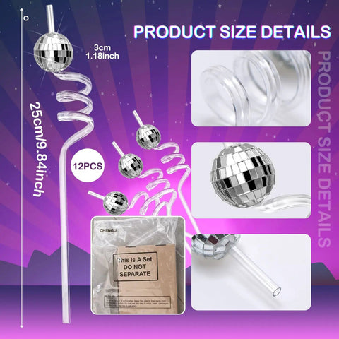 Mirror Disco Ball Straws Set For Party Decor Shiny Silver 70s Style Reusable Straws And Disco Ball Orbs size details