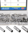 Non Insulated Butt Connectors Kit 220 Pieces Assortment For Quick DIY Wiring Splices And Crimp Terminals Wide AWG Range From 22 Down To 10 For Copper Wire with tin-plated copper connectors displayed in a plastic storage box.