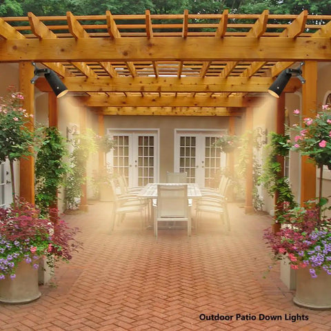 Low Voltage Landscape Tree Lights For Outdoors With Moonlight Glow illuminating a patio with wooden pergola and dining area