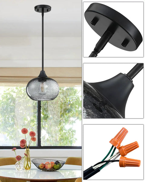 2 Pack 7.7 Inch Black Brownish Grey Seeded Glass Pendant Lights For Kitchen Island And Dining Area Over Sink