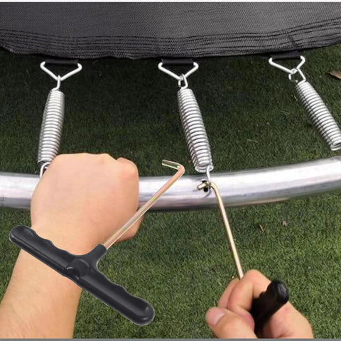 Using 4 Pack Trampoline Spring Puller Tool With T Hook Extension And Ergonomic Handle Grip for mini trampoline setup