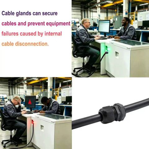Waterproof 40 Pack Half Inch Cable Glands Pass Through Cord Grip Connector Kit in industrial setting illustration.