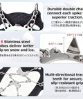 All Terrain Traction Crampons With 8 Stainless Steel Spikes, durable chains, black rubber for ice grip on shoes and boots
