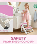 Top Shelf Folding Toddler Step Stool Built Solid For Your Little Munchkins Features Killer Non Slip Grip Easy Tuck Away Design Takes Up Zero Counter Space Supports 110 Lbs Super Safe BPA Free Pink with anti-slip texture