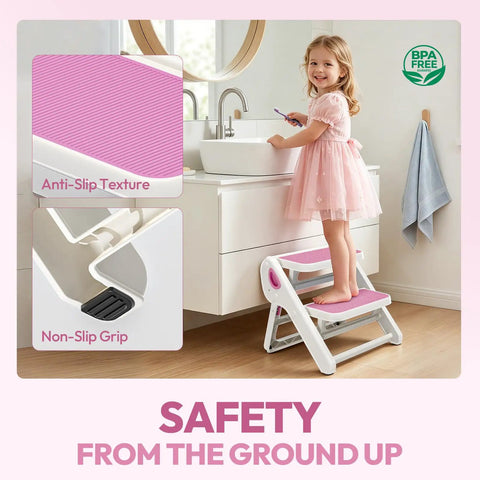 Top Shelf Folding Toddler Step Stool Built Solid For Your Little Munchkins Features Killer Non Slip Grip Easy Tuck Away Design Takes Up Zero Counter Space Supports 110 Lbs Super Safe BPA Free Pink with anti-slip texture