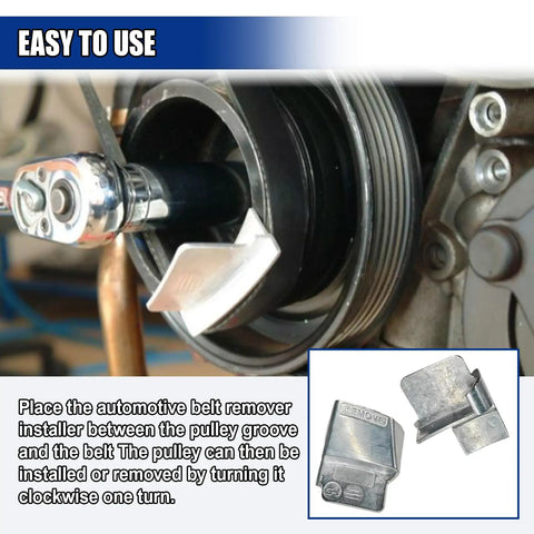 2 Piece Stretch Belt Mate Kit with metal belt remover in use on vehicle pulley