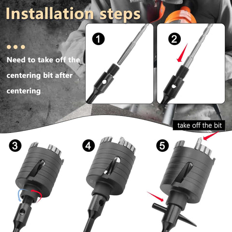 1-inch dry diamond core drill bit with SDS Plus adapter and centering bit shown in installation steps collage