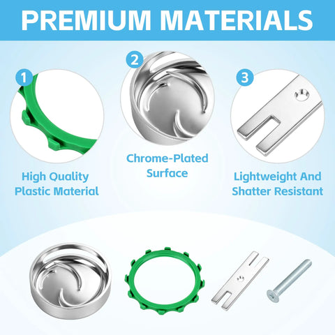 Chrome Plated Bathtub Overflow Drain Cover Kit With Easy Snap On Installation Fits Most Standard Tubs showing chrome surface, green plastic parts.