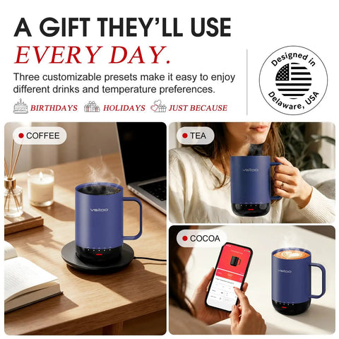 Smart Self Heating Coffee Mug With Advanced Temperature Control And AI Auto Warm Tech Keeps Your Morning Joe Piping Hot In A Sleek 16 Oz Insulated Travel Cup, displayed with customizable presets for coffee, tea, and cocoa.