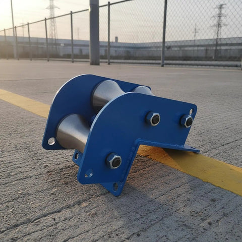 Heavy Duty Cable Pulley Roller Guide Block With Steel Frame And Visible Fasteners For Industrial Utility Jobs Two Wheel Nylon H Type 160 By 140 Mm Rugged Routing Tool For Tough Job Sites, blue