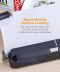 Electric 3 Hole Punch For Office Use Workhorse Dual Paper Loading From Top Or Front Heavy Duty Jam Free Performance 20 Sheet Capacity AC Adapter Or Battery Powered Space Saving Desk Tool Black on a desk